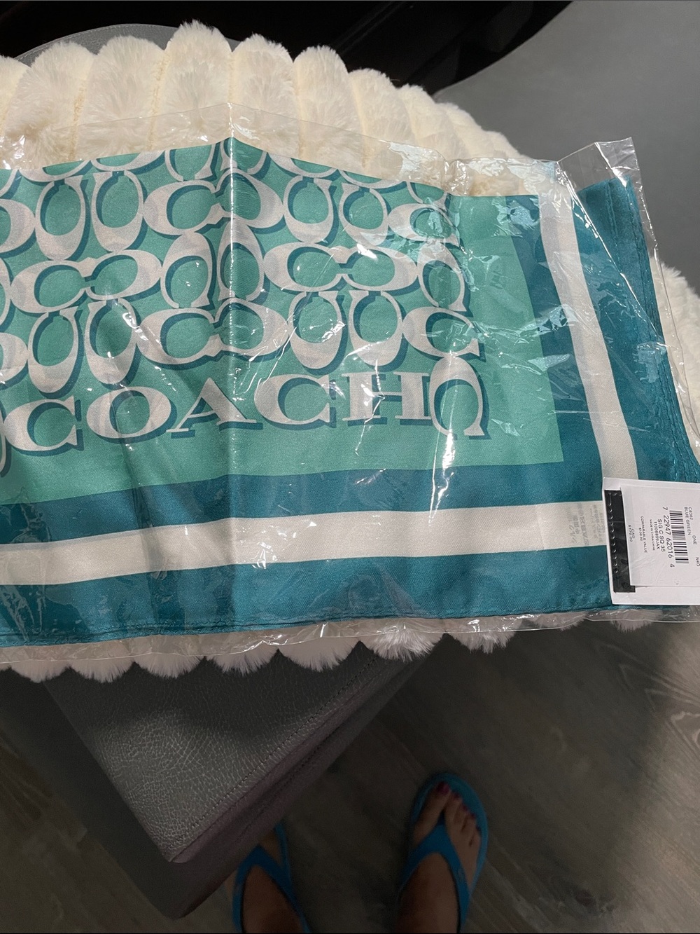 NWT Coach Teal and White Signature 100% Silk Scarf - Picture 3 of 5
